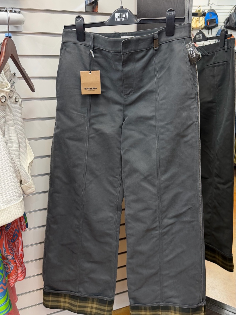 Burberry Gray Wide-Leg Chinos with Plaid Cuff